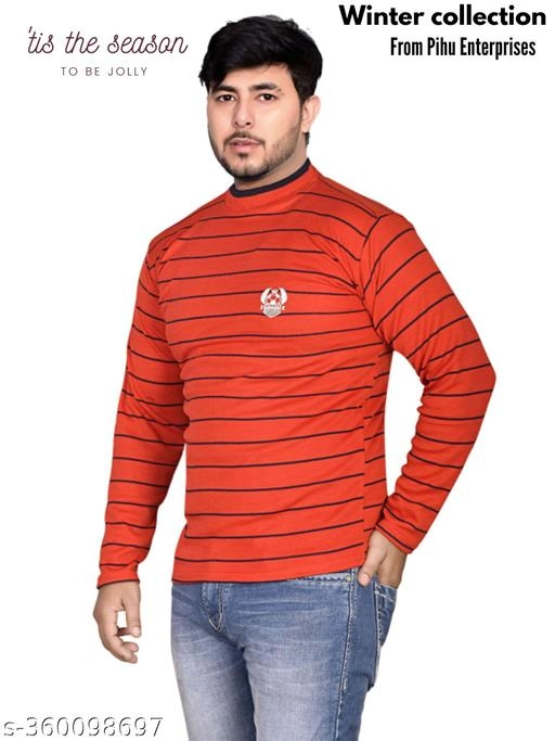 Woolen Striped Sweater for Men (Red, M)