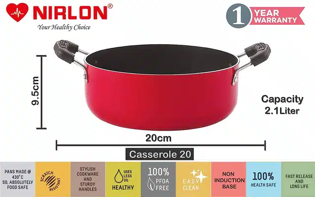 Aluminium Non Stick Casserole with Handle (Red & Black, 2.1 L)