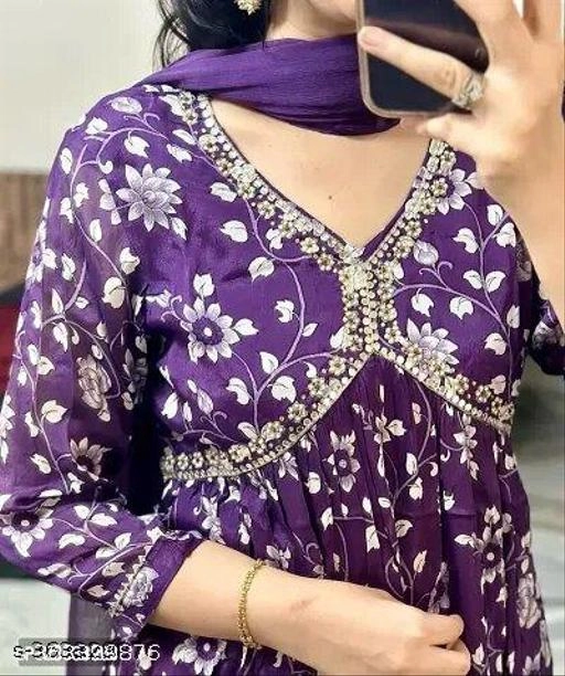 Organza Printed Kurti with Pant & Dupatta for Women (Purple, M)