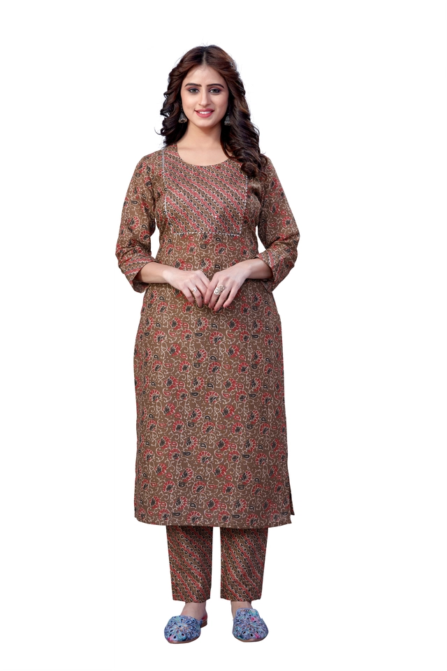 Cotton Blend Solid Kurta with Bottomwear for Women (Brown, S)