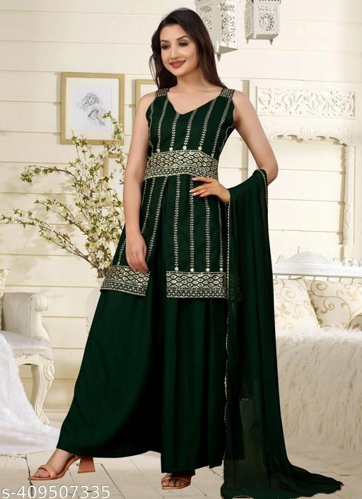 Rayon Embroidered Kurti with Sharara & Dupatta for Women (Green, S)