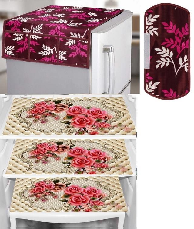 PVC Fridge Top Cover with 6 Utility Pockets & Handle Cover with 3 Pcs Shelf Mats (Multicolor, Set of 1)