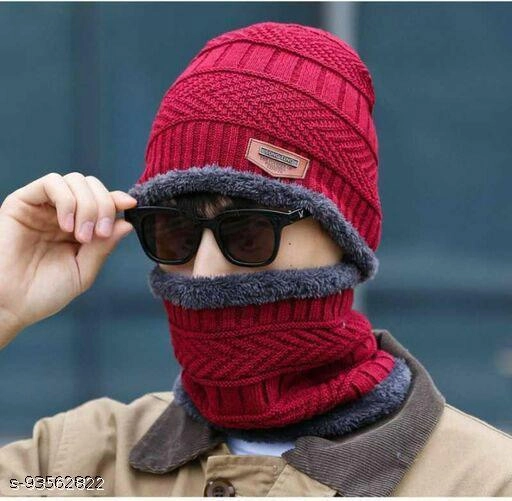 Woolen Cap with Neck Warmer for Men (Multicolor, Set of 1)