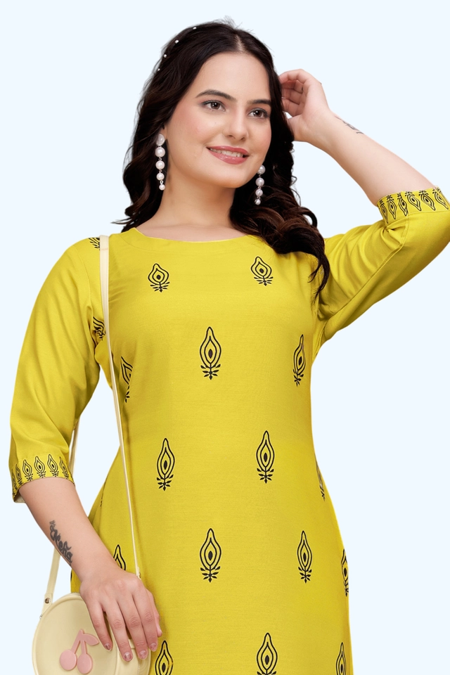 Rayon Cotton Printed Kurti for Women (Yellow, S)