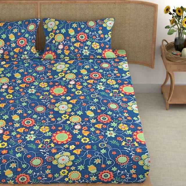 CG Homes 180 TC Fitted Elastic Double Printed Bedsheet With 2 Pillow Cover Cotton (Peacock Multi)