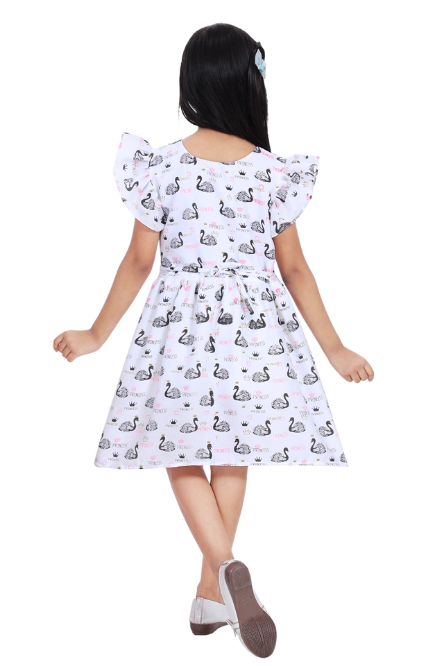 Cotton Blend Printed Frock for Girls (White & Black, 1-2 Years)