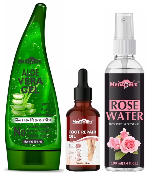 Mensport Aloevera Face Gel (130 ml), Foot Repair Oil (30 ml) & Natural Rose Water (100 ml) (Set of 3)