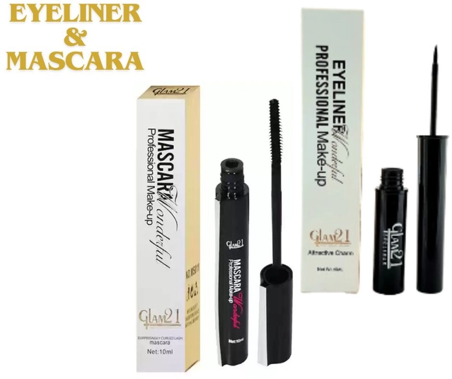 Combo of Glam21 Professional Waterproof Eyeliner (5 ml) & Mascara (10 ml) (Black, Set of 2)