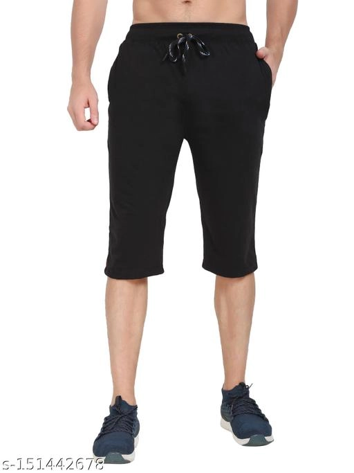 Cotton Blend Three Quarter Pants for Men (Black, 30)