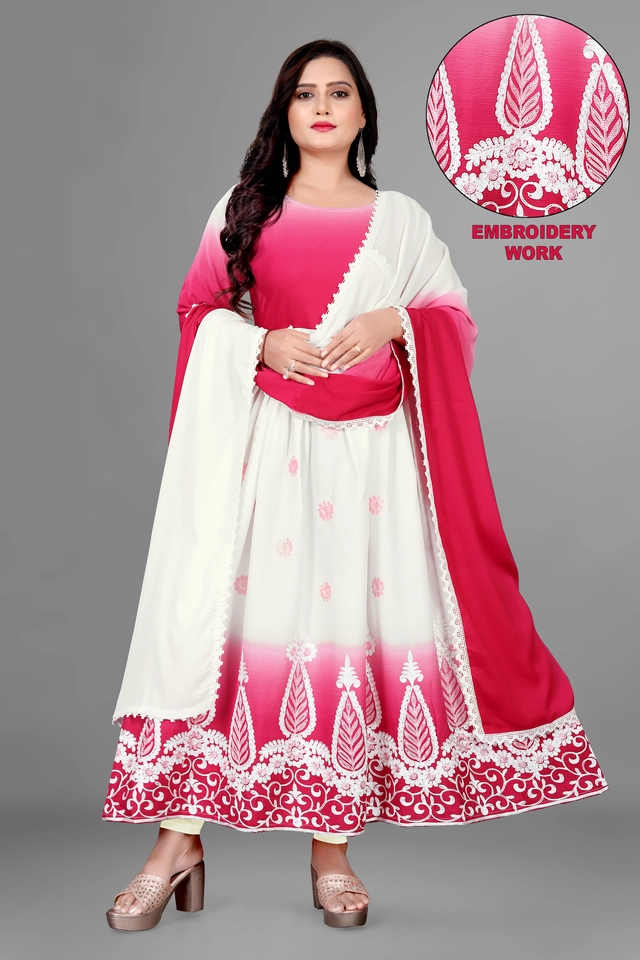 Jute Silk Ethnic Motif Gown with Dupatta for Women (Pink & White, S)