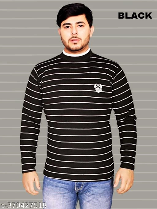 Woolen Striped Sweater for Men (Black, M)