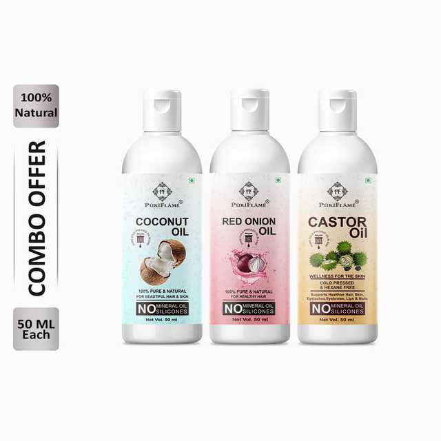 Puriflame Pure Coconut Oil (50 ml), Red Onion Oil (50 ml) & Castor Oil (50 ml) Combo for Rapid Hair Growth (Pack Of 3) (B-10367)