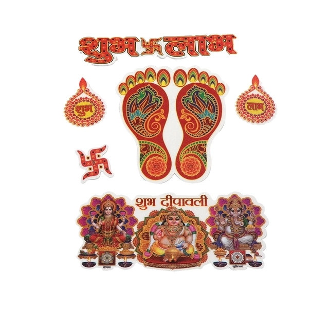 Sparkle Diwali Decor Cut outs as Family Combo(Mata Charan,Shubh-Labh,Ganesh-Laxmi Ji Photos)