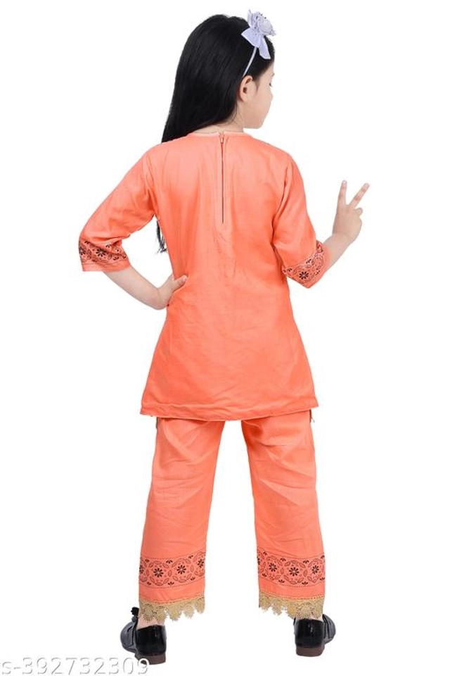 Rayon Printed Kurta with Pant for Girls (Peach, 4-5 Years)