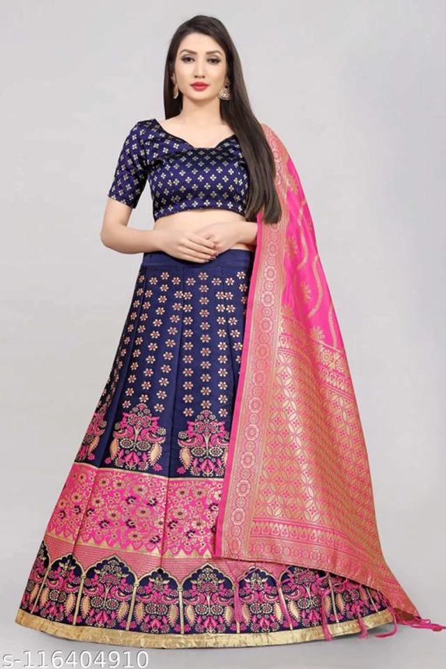 Silk Printed Semi Stitched Lehenga Choli with Dupatta for Women (Blue & Peach, Free Size)