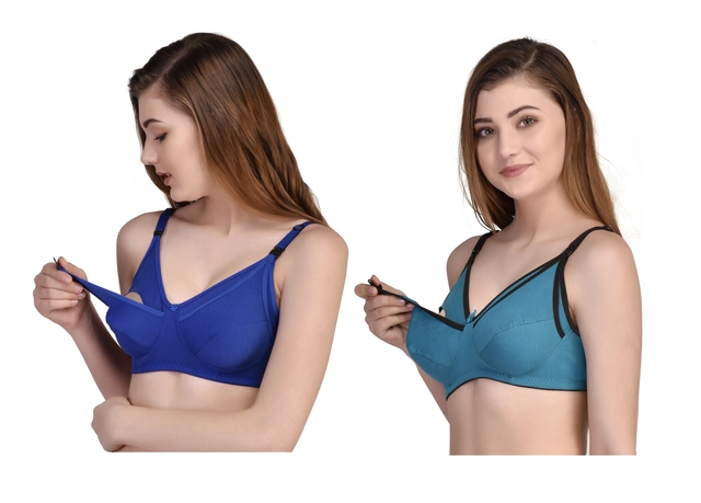 Cotton Blen Solid Non Padded Feeding Bras for Women (Multicolor, 32) (Pack of 2)