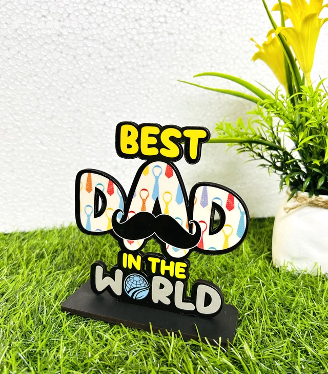 Wooden Handcrafted Best Dad In The World Trophy Gifts (Multicolor, 14.5 cm)