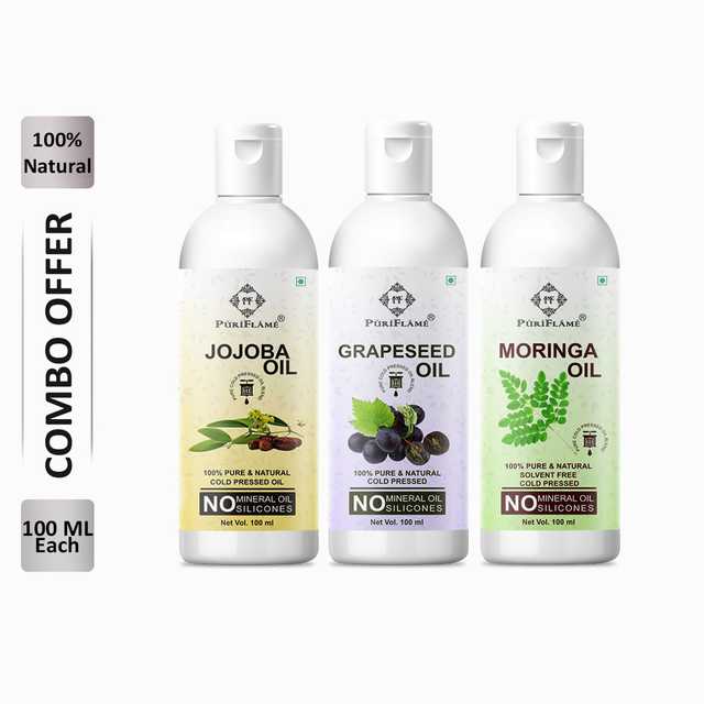 PuriFlame Pure Jojoba Oil (100 ml) & Grapeseed Oil (100 ml) & Moringa Oil (100 ml) Combo For Rapid Hair Growth (Pack Of 3) (B-5158)
