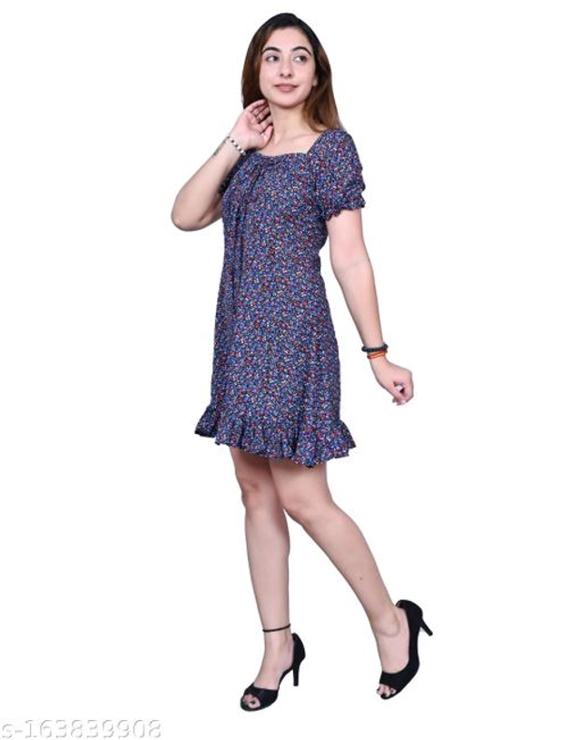 Crape Dress for Women (Blue, L)