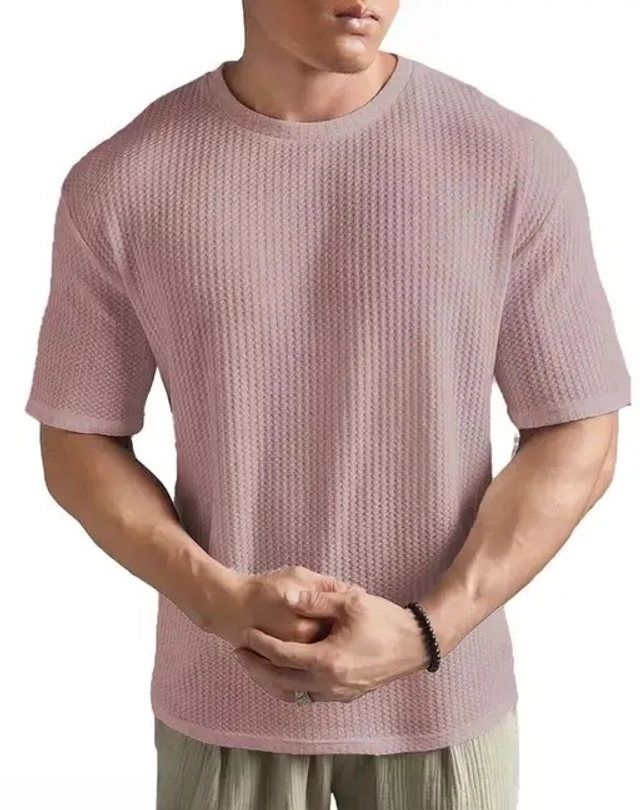 Round Neck Solid T-Shirt for Men (Pink, M)