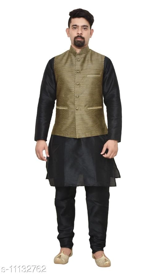 Dupion Silk Solid Kurta with Pyjama & Jacket for Men (Black & Olive, S)