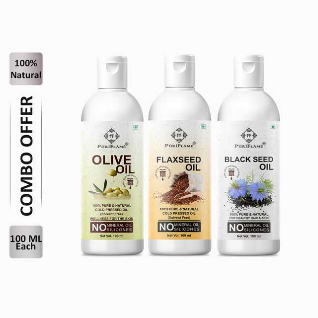 PuriFlame Pure Olive Oil (100 ml) & Flaxseed Oil (100 ml) & Blackseed Oil (100 ml) Combo For Rapid Hair Growth (Pack Of 3) (B-6160)