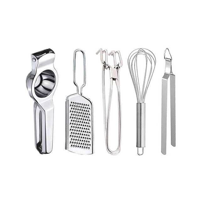 Oc9 Stainless Steel Lemon Squeezer & Cheese Grater & Pakkad & Egg Whisk & Roti Chimta Kitchen Tool Set (O-59)