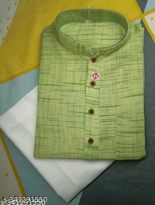 Khadi Cotton Solid Kurta with Pyjama for Men (Green & White, M)