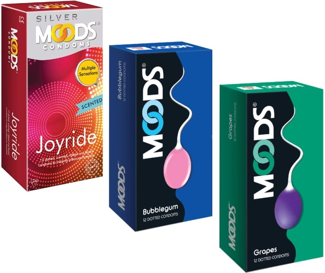 Moods Bubblegum with Grapes & Joy Ride 12 Pcs Dotted Condoms for Men (Set of 3)