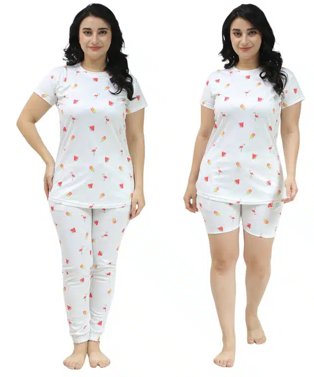 Polyester Printed T-Shirt with Trouser & Shorts Nightsuit Set for Women (White, S)