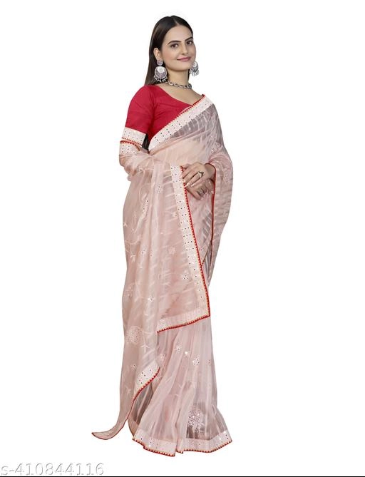 Organza Embroidered Saree for Women (Pink, 6.3 m)