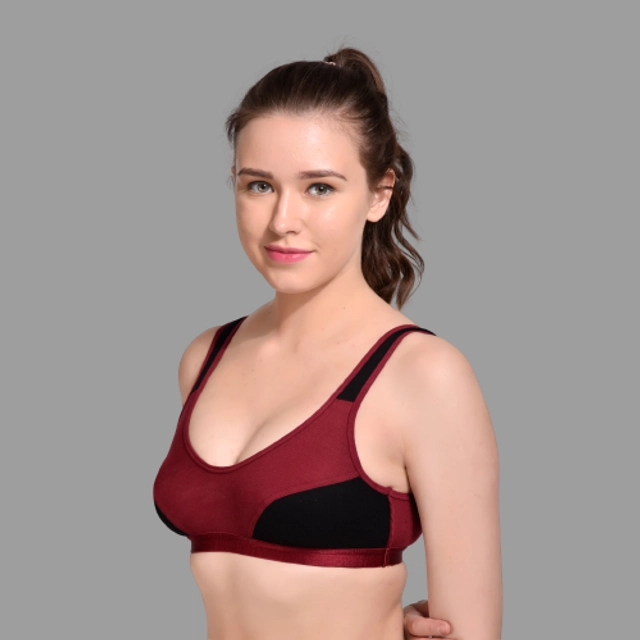 Hosiery Colorblocked Non-Padded Sports Bra for Women (Maroon, 28)