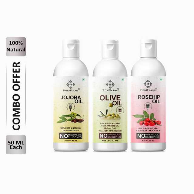 Puriflame Pure Jojoba Oil (50 ml), Olive Oil (50 ml) & Rosehip Oil (50 ml) Combo for Rapid Hair Growth (Pack of 3) (B-11566)
