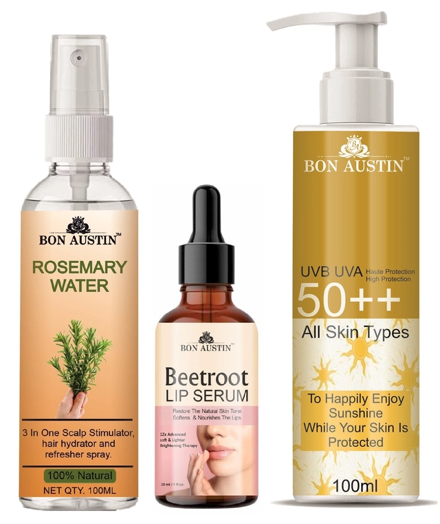 Bon Austin Rosemary Hair Spray (100 ml) with Beetroot Lip Serum (30 ml), UVA & UVB Protection Sunscreen Lotion (100 ml) (Set of 3)