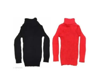 Woolen Solid High Neck Sweaters for Girls (Black & Red, 7-8 Years) (Pack of 2)