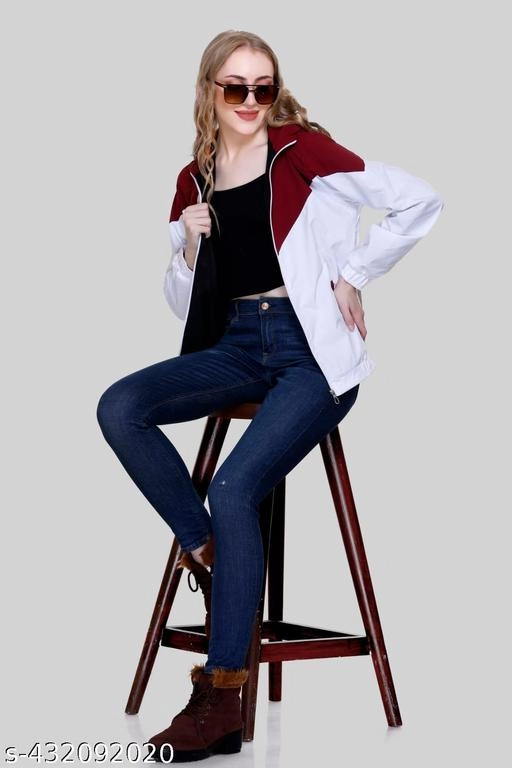 Nylon Solid Jackets for Women (Maroon & White, M)