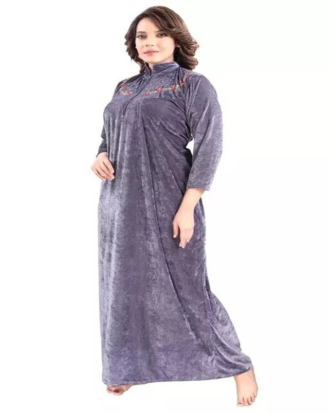 Velvet Embroidered Nightdress for Women (Grey, Free Size)