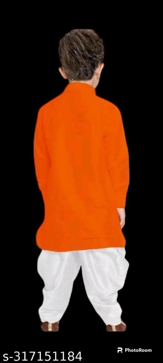 Cotton Blend Solid Kurta with Pyjama for Boys (Orange & White, 2-3 Years)