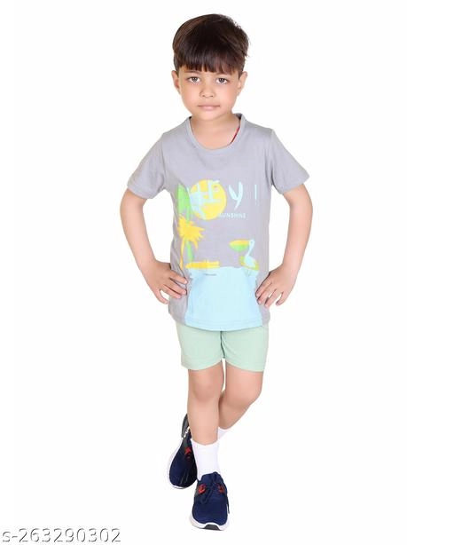 Cotton Printed Clothing Set for Boys (Grey, 6-9 Months)