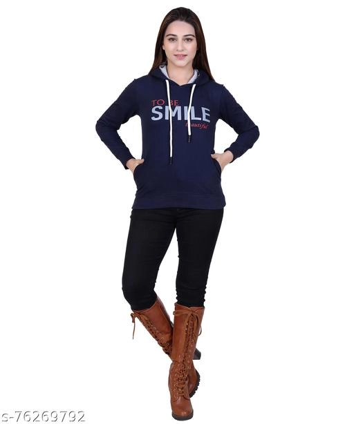 Cotton Blend Printed Hoodie for Women (Navy Blue, M)