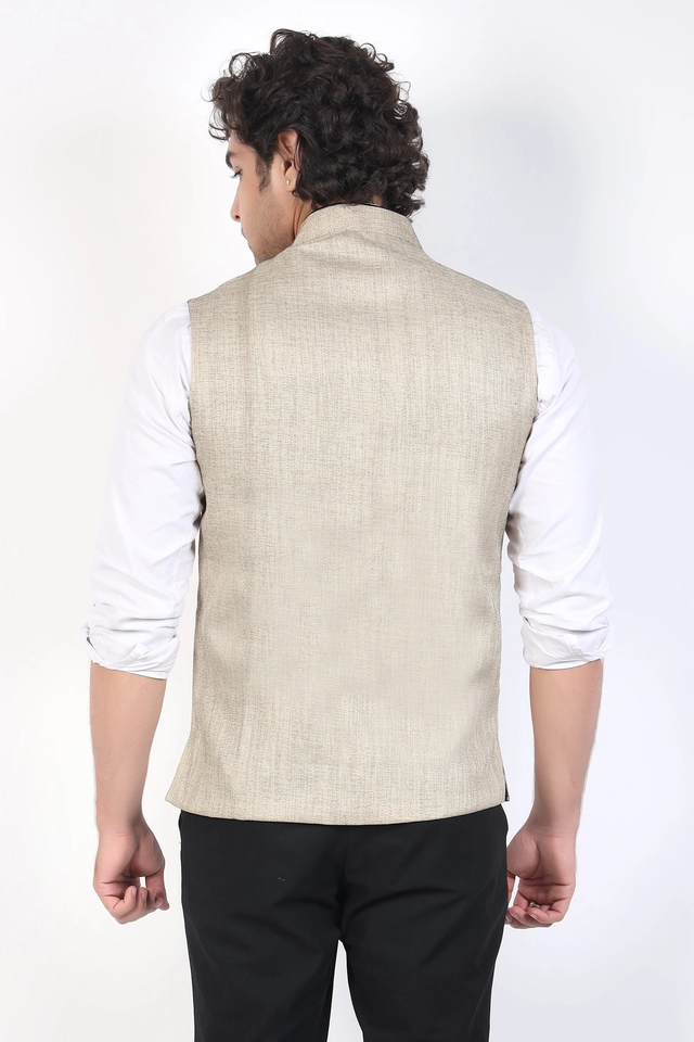 Jute Khadi Solid Waistcoat for Men (Gold, M)