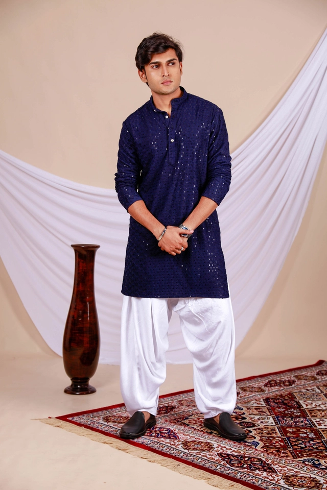 Cotton Blend Embroidered Kurta for Men (Navy Blue, S)