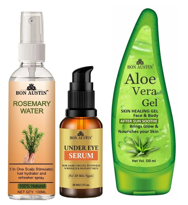 Bon Austin Natural Rosemary Water (100 ml) with Under Eye Serum (30 ml) & Aloe Vera Face Gel (30 ml) (Set of 3)