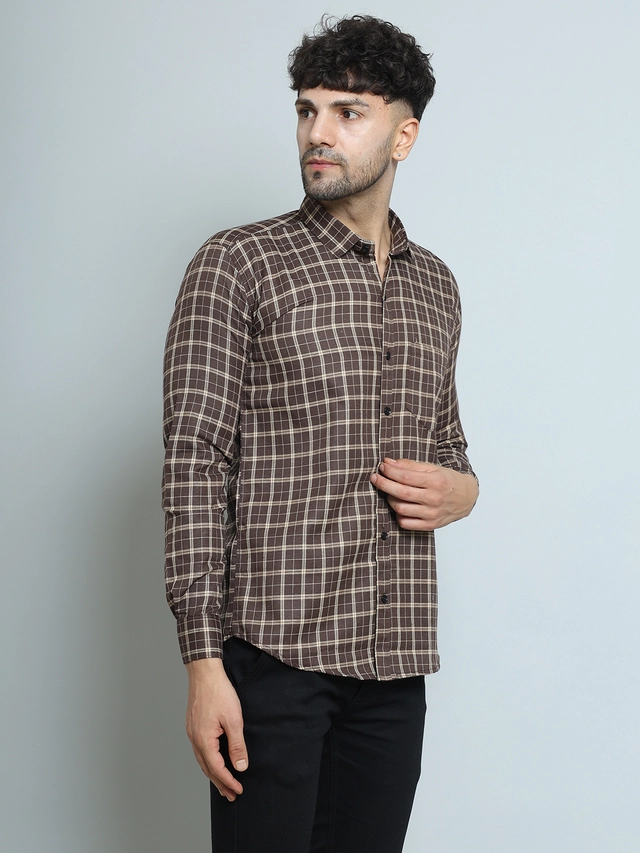 Full Sleeves Checked Shirt for Men (Brown, M)