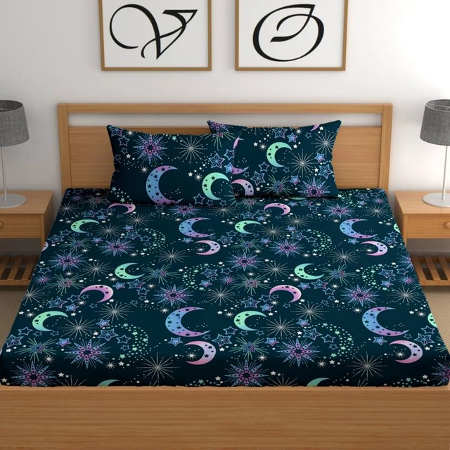 CG Homes 180 TC Fitted Elastic Double Printed Bedsheet With 2 Pillow Cover Cotton (Blue moon)