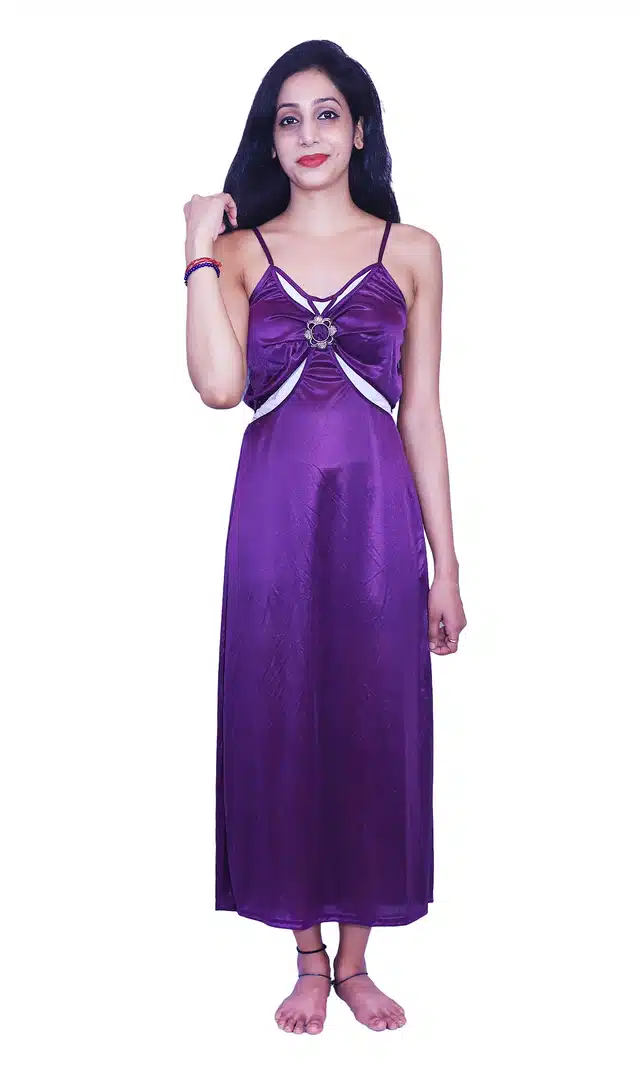 Satin Self Design Night Dress for Women (Purple, Free Size)