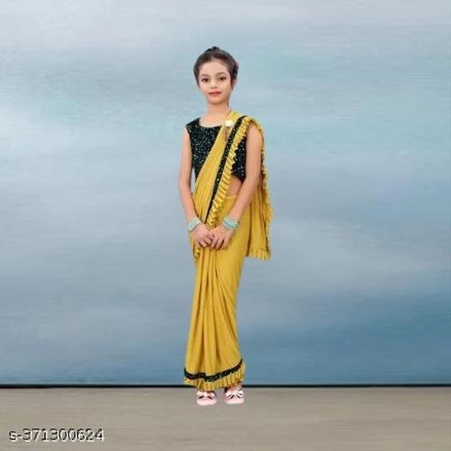 Poly Silk Solid Saree with Blouse for Girls (Yellow, 3-4 Years)