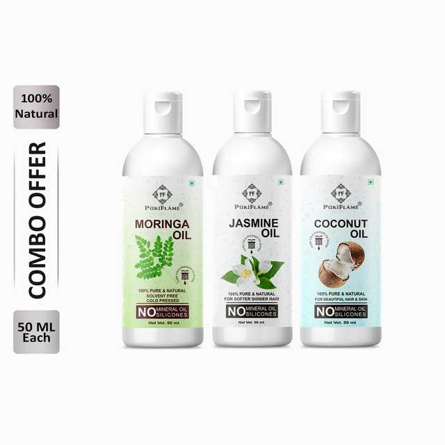 Puriflame Pure Moringa Oil (50 ml), Jasmine Oil (50 ml) & Coconut Oil (50 ml) Combo for Rapid Hair Growth (Pack Of 3) (B-11813)