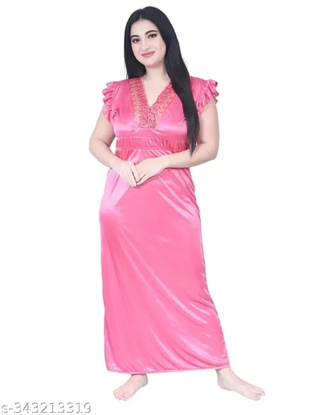 Satin Solid Nightdress for Women (Pink, Free Size)