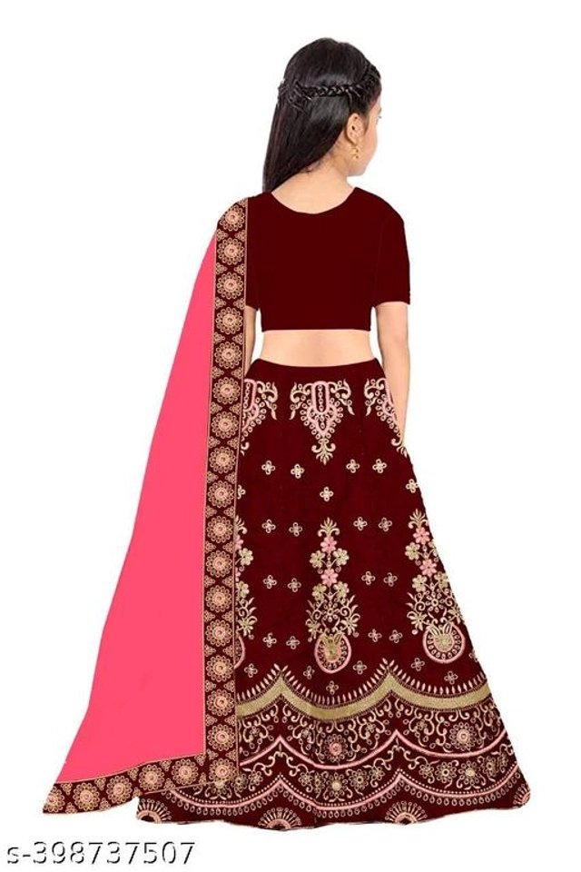 Satin Embroidered Lehenga with Choli & Dupatta for Girls (Maroon & Pink, 2-3 Years)